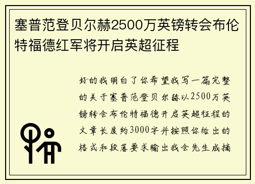 塞普范登贝尔赫2500万英镑转会布伦特福德红军将开启英超征程 塞普范登贝尔赫2500万英镑转会布伦特福德红军将开启英超征程