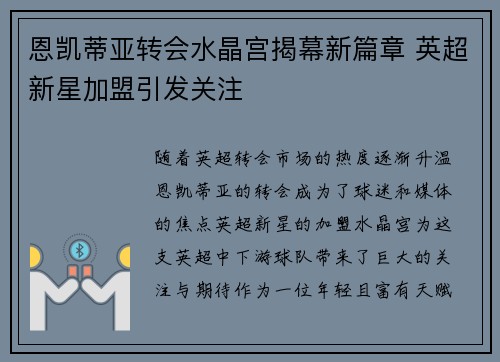 恩凯蒂亚转会水晶宫揭幕新篇章 英超新星加盟引发关注