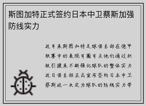 斯图加特正式签约日本中卫蔡斯加强防线实力 斯图加特正式签约日本中卫蔡斯加强防线实力